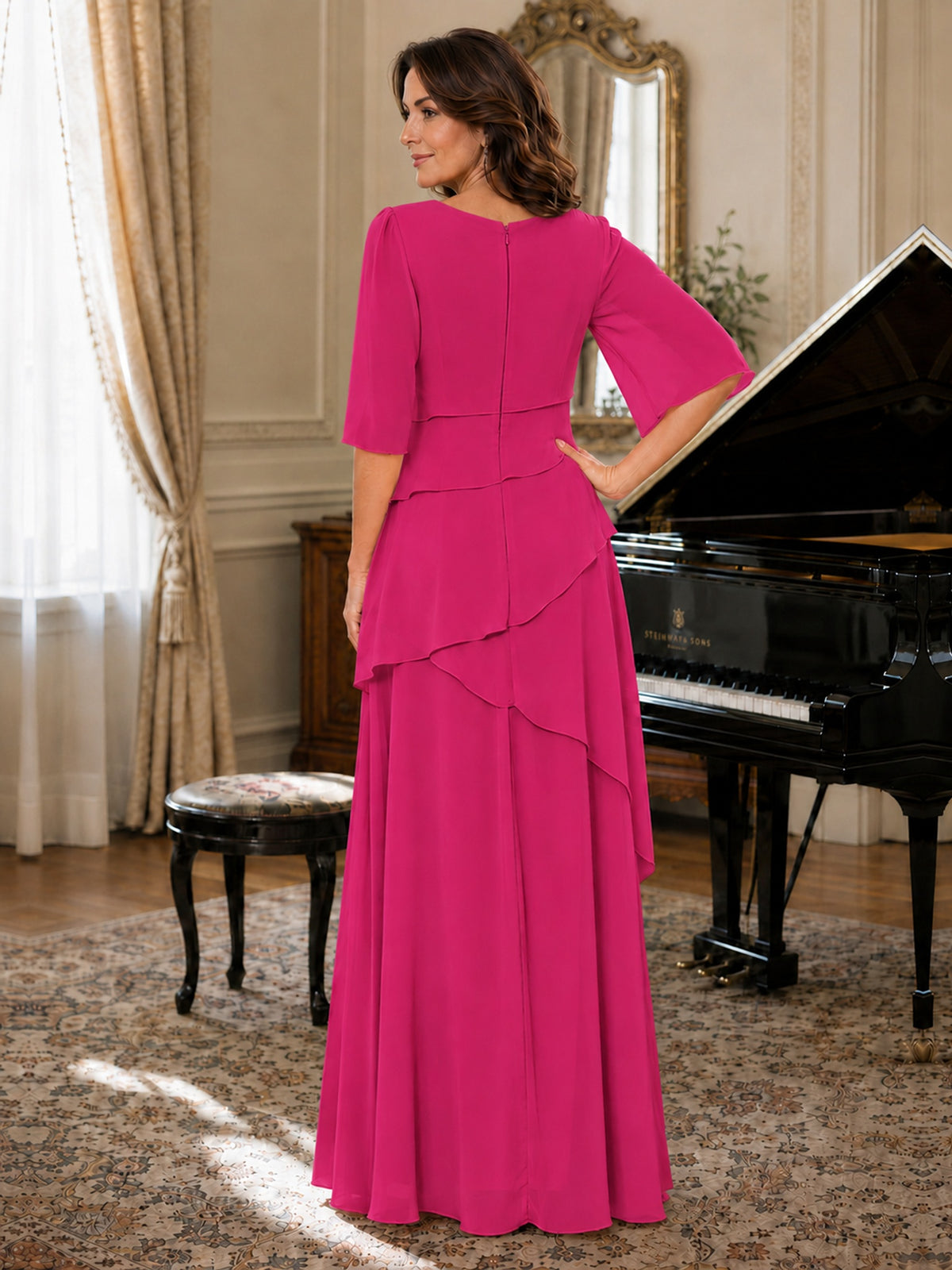 Asymmetric Draped Chiffon Mother of the Bride Dress with Flutter Sleeves