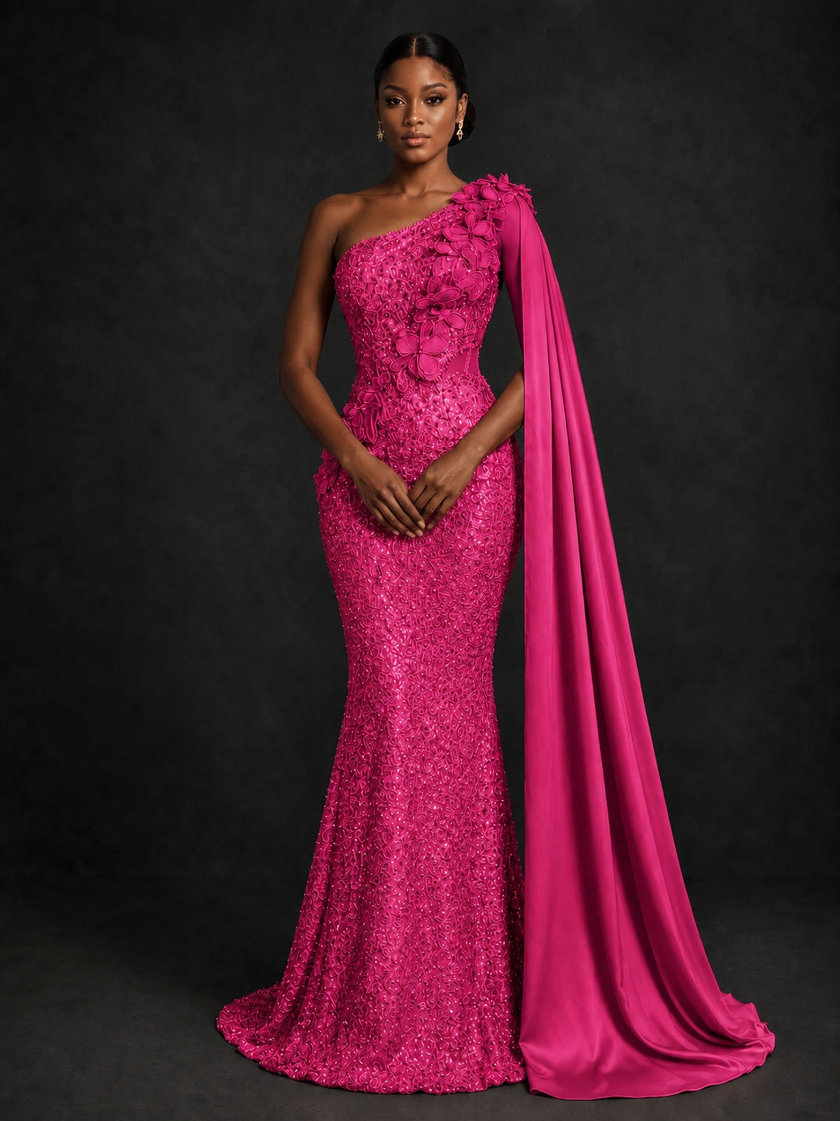 Gold Sequin One Shoulder Mermaid Prom Dress with Cape