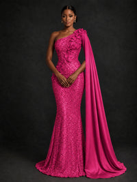 Gold Sequin One Shoulder Mermaid Prom Dress with Cape
