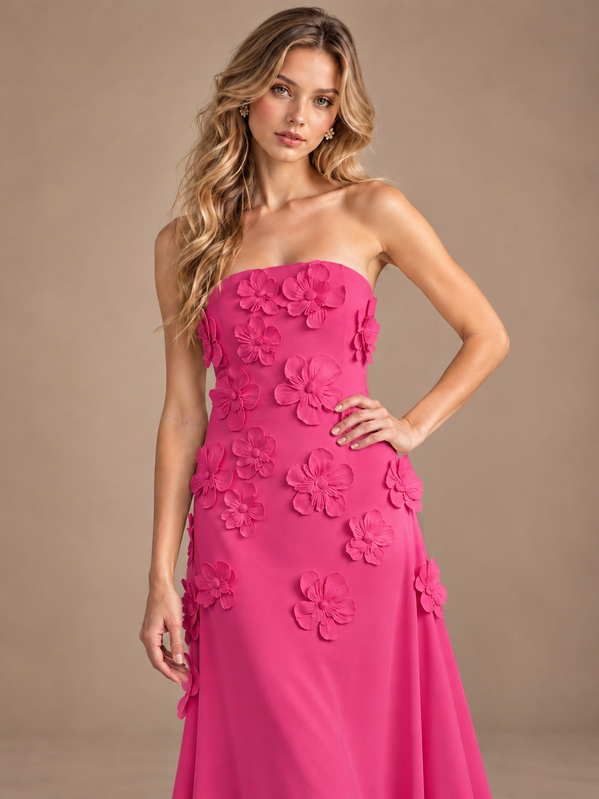Yellow Strapless A-line Satin Maxi Dress with 3D Floral