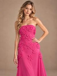 Yellow Strapless A-line Satin Maxi Dress with 3D Floral