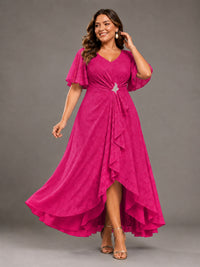 Jacquard Chiffon A-Line V-Neck High-Low Mother of the Bride Dress