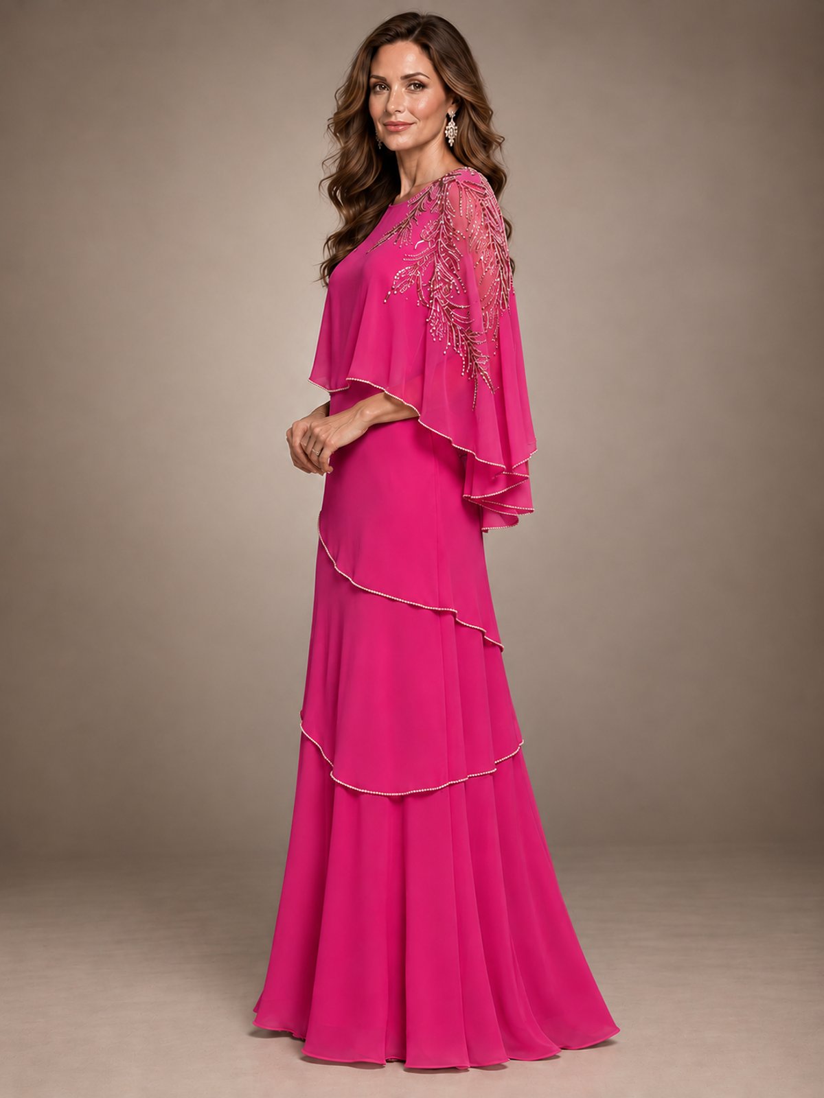 Elegant Chiffon Cape Sleeve Beaded Mother of the Bride Dress