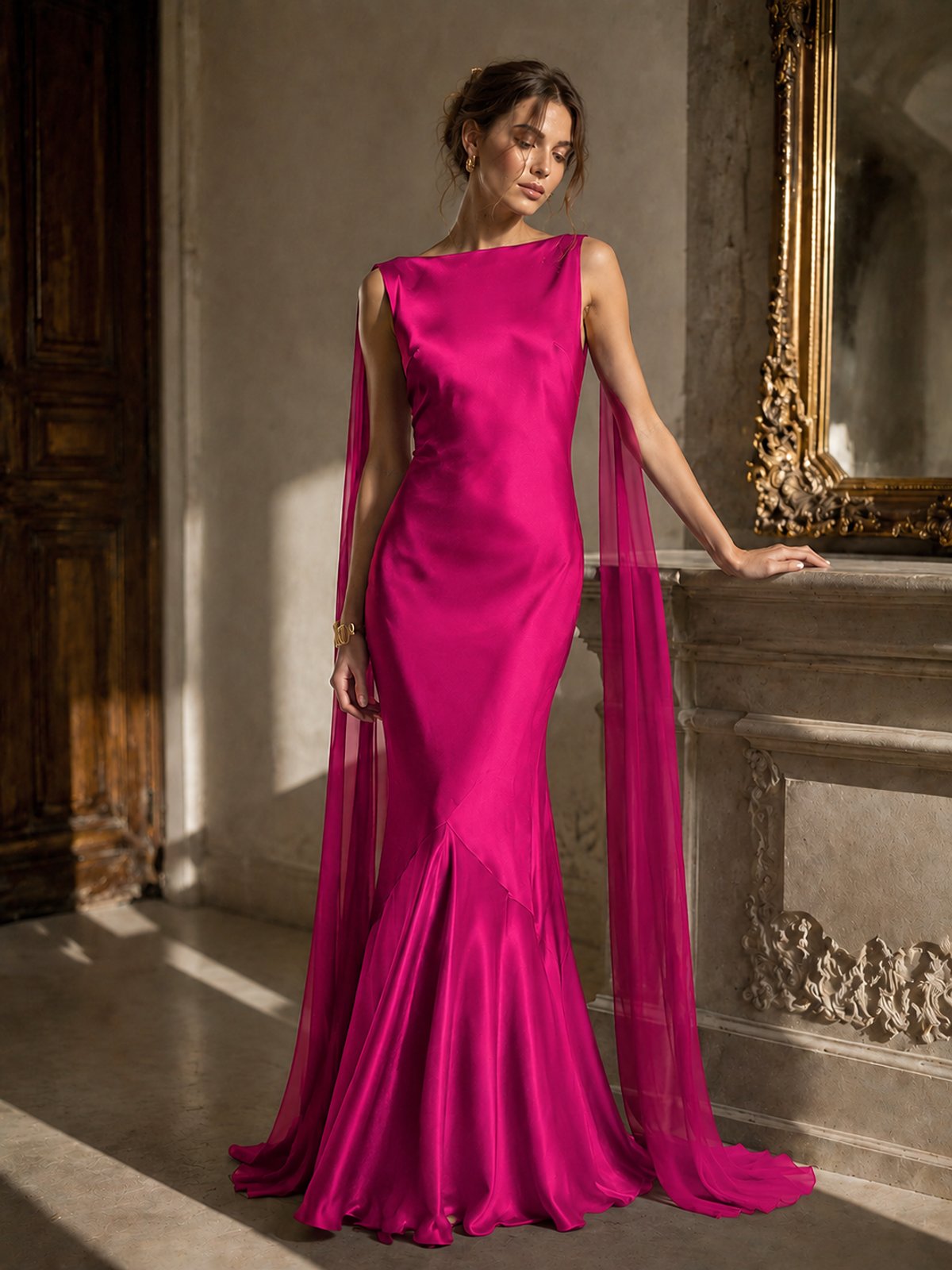 Burgundy Satin Mermaid Cape Maxi Dress