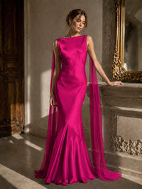 Burgundy Satin Mermaid Cape Maxi Dress