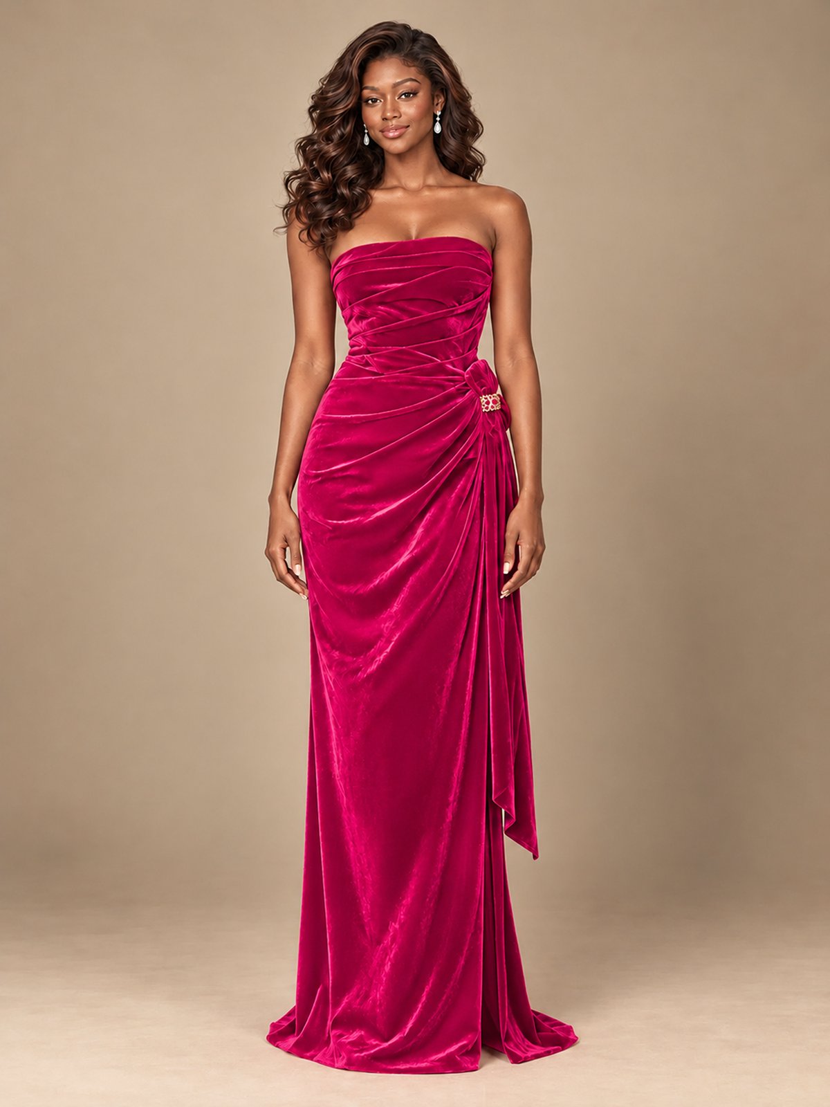 Burgundy Velvet Strapless Ruched Prom Dress with Jeweled Side Drape