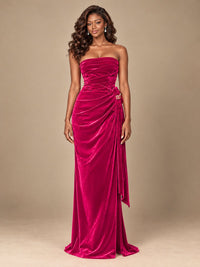 Burgundy Velvet Strapless Ruched Prom Dress with Jeweled Side Drape