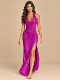 Halter V-Neck Sequin Mermaid Prom Dress with High Slit