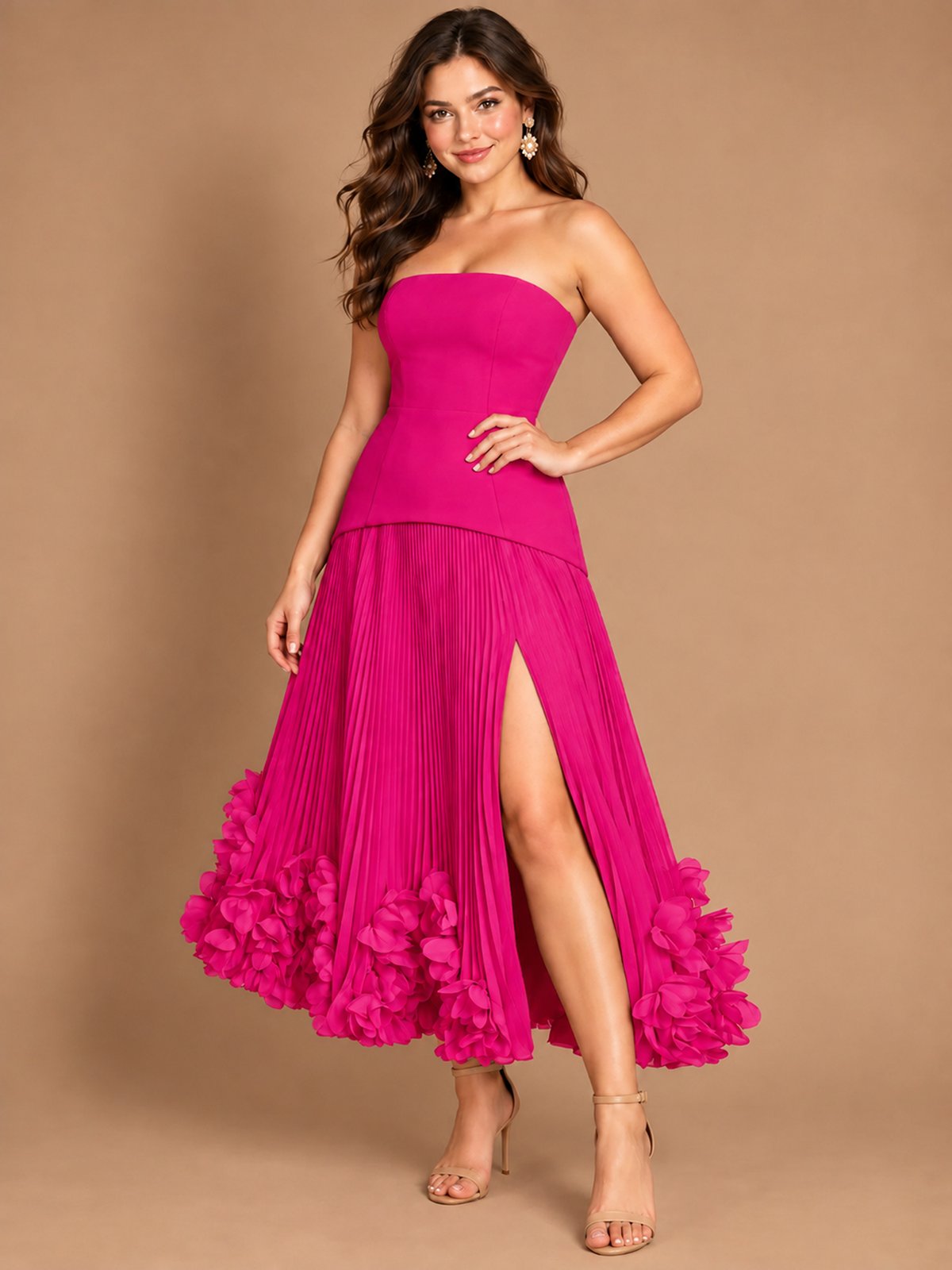 Navy Blue Strapless Pleated A-Line Midi Dress with 3D Floral Applique
