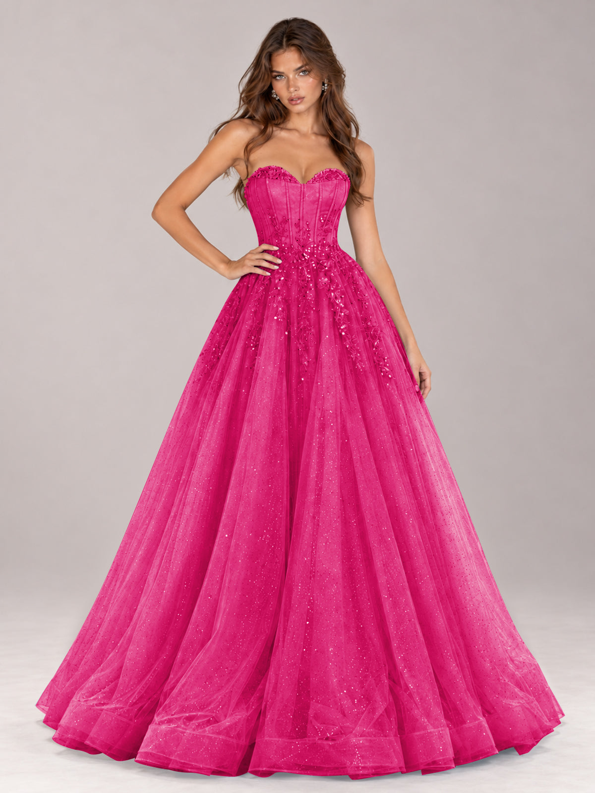 Strapless Sweetheart Beaded Corset Glitter Tulle Ball Gown Prom Dress