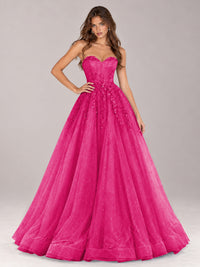 Strapless Sweetheart Beaded Corset Glitter Tulle Ball Gown Prom Dress