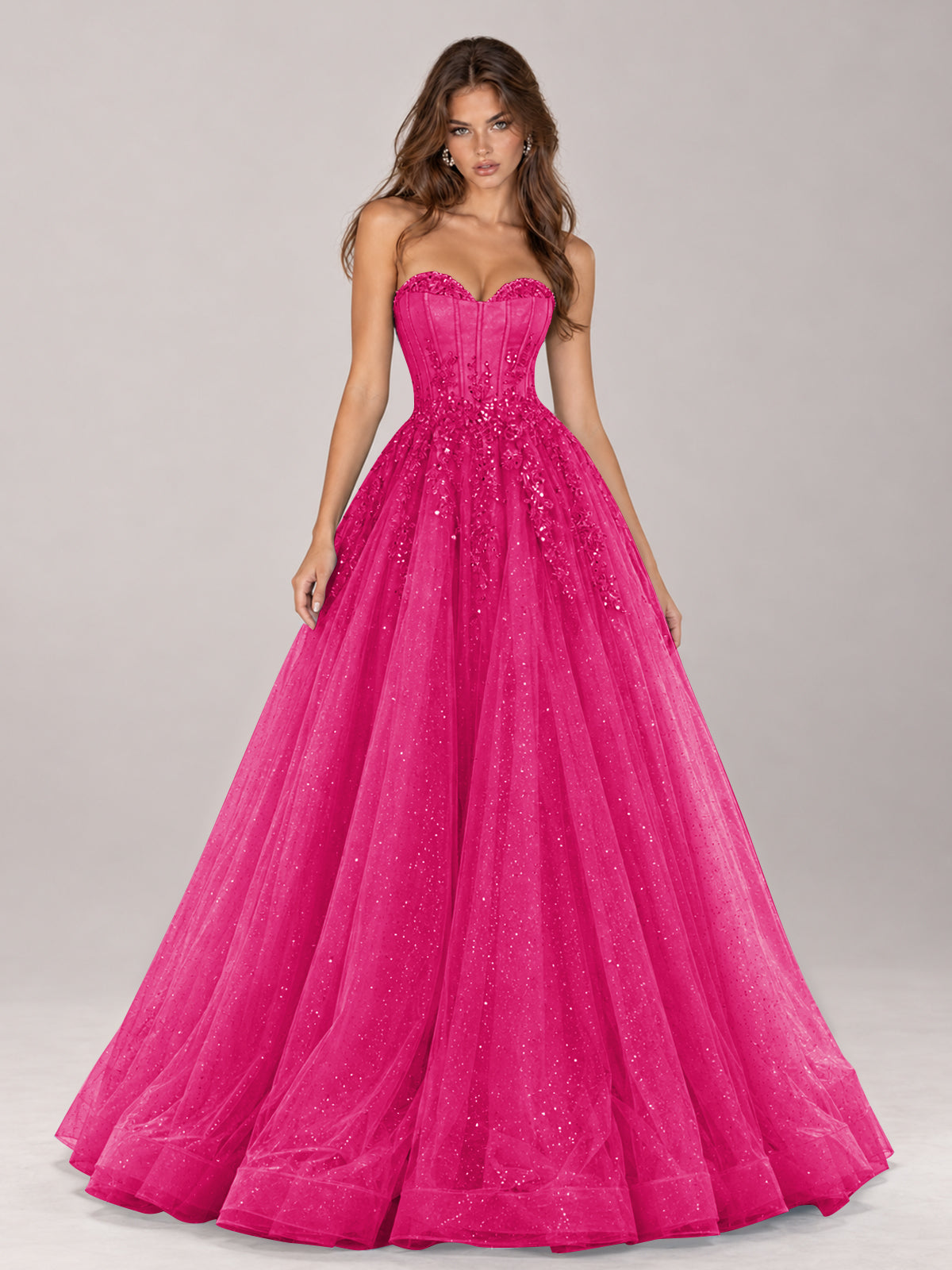 Strapless Sweetheart Beaded Corset Glitter Tulle Ball Gown Prom Dress