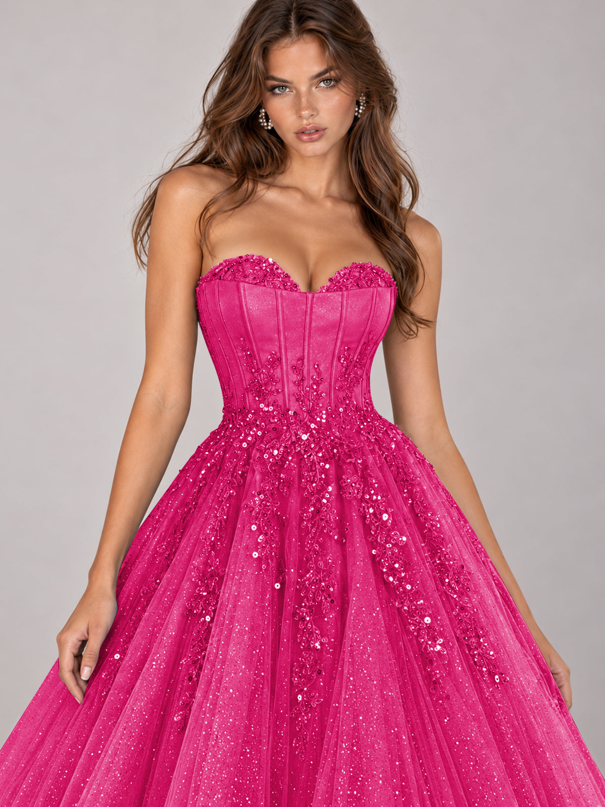 Strapless Sweetheart Beaded Corset Glitter Tulle Ball Gown Prom Dress