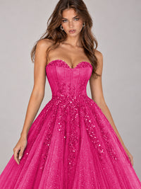 Strapless Sweetheart Beaded Corset Glitter Tulle Ball Gown Prom Dress
