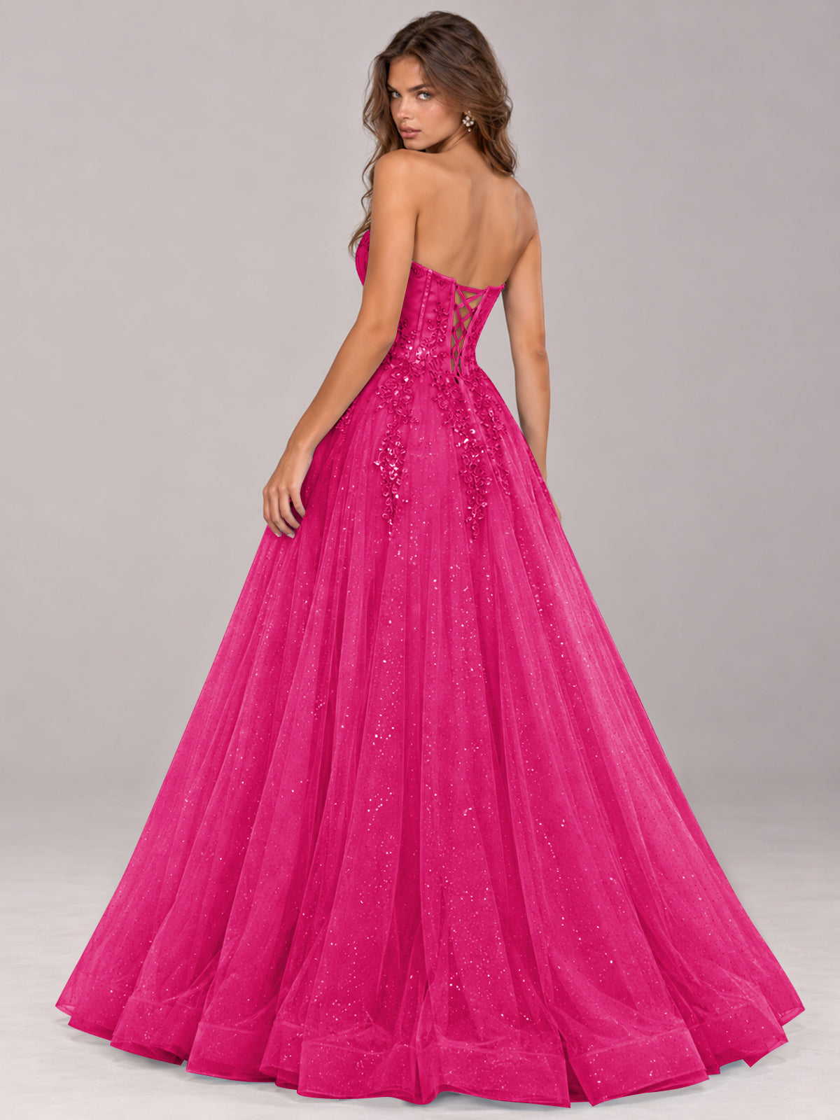 Strapless Sweetheart Beaded Corset Glitter Tulle Ball Gown Prom Dress