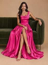 Cowl Neck Pleated Satin Prom Dress with Pockets & Slit Maxi Formal Gowns