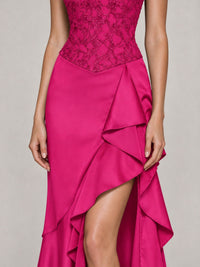 Strapless Lace Appliques Corset Satin Prom Dress Ruffle Slit Evening Gown