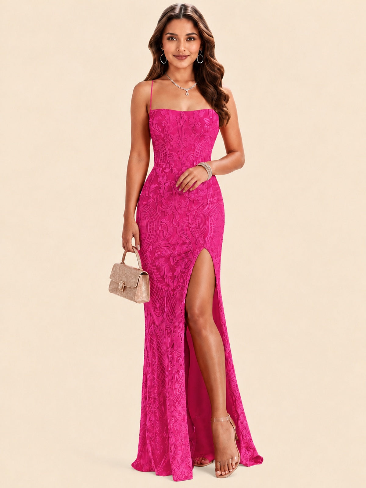 Sequin Lace Appliques Mermaid Prom Dress Spaghetti Strap Formal Gowns with Slit
