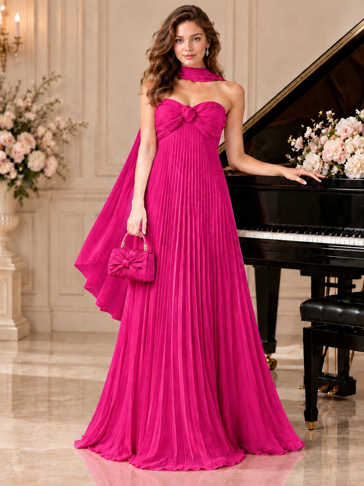 Sweetheart Neckline Pleated Prom Dress Strapless A-line Formal Dress with Flowy Scarf