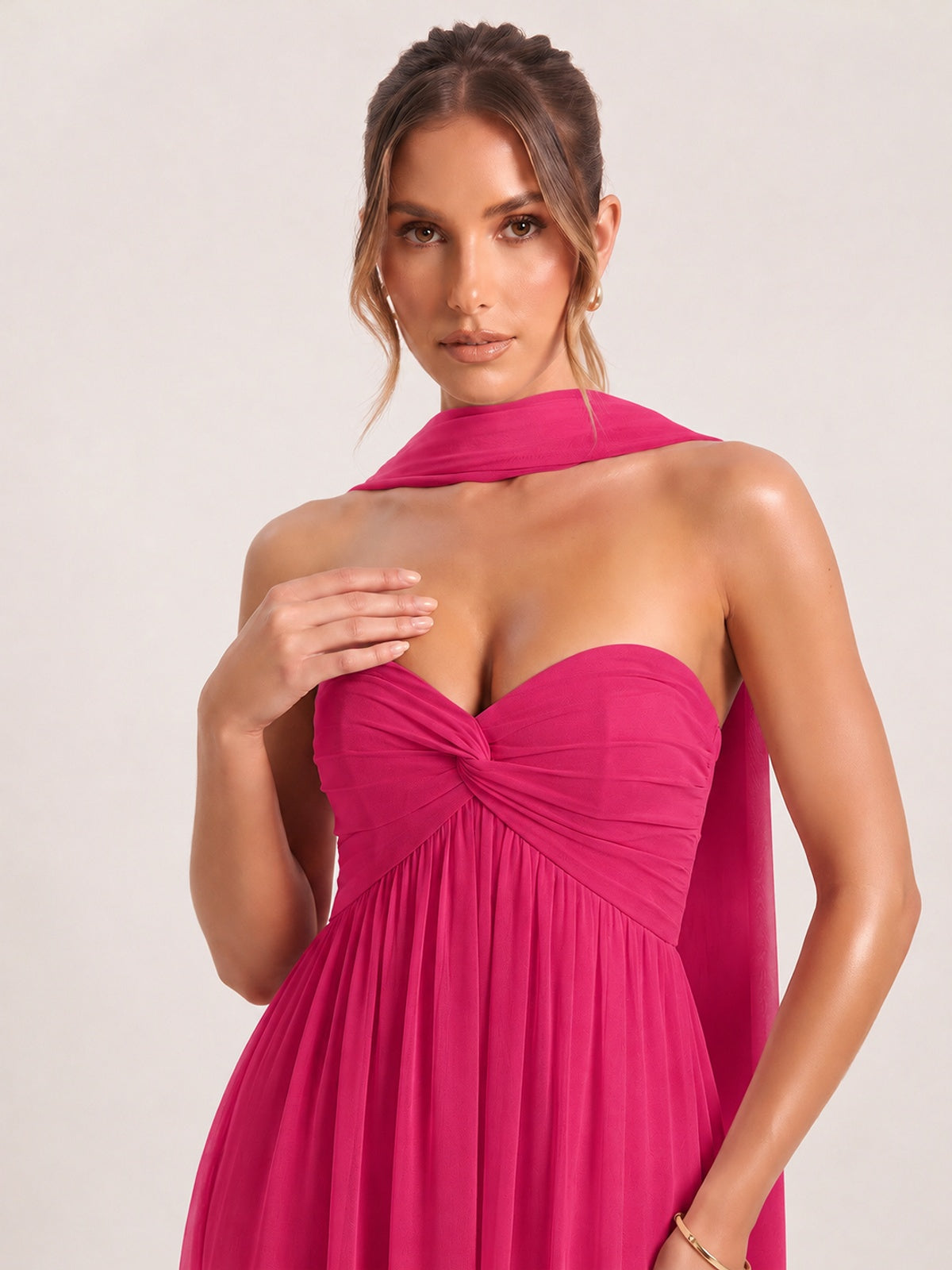 Strapless Ruched Chiffon Long Prom Dress with Scarf