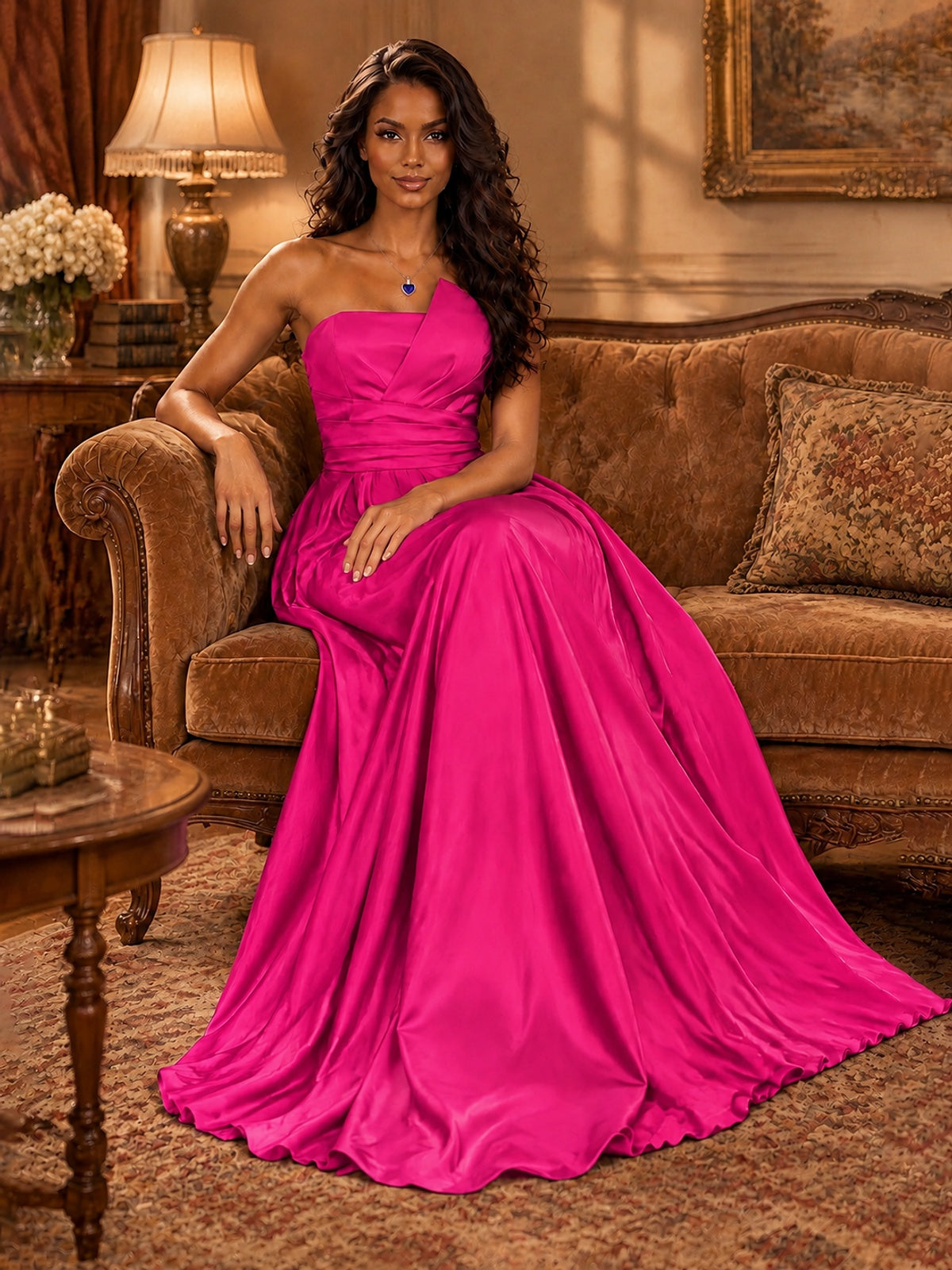 Draped Satin Prom Dress Strapless A-line Formal Dress Floor Length