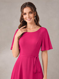 Scoop Neck A-line Chiffon Bridesmaid Dress with Flutter Sleeve & Belt