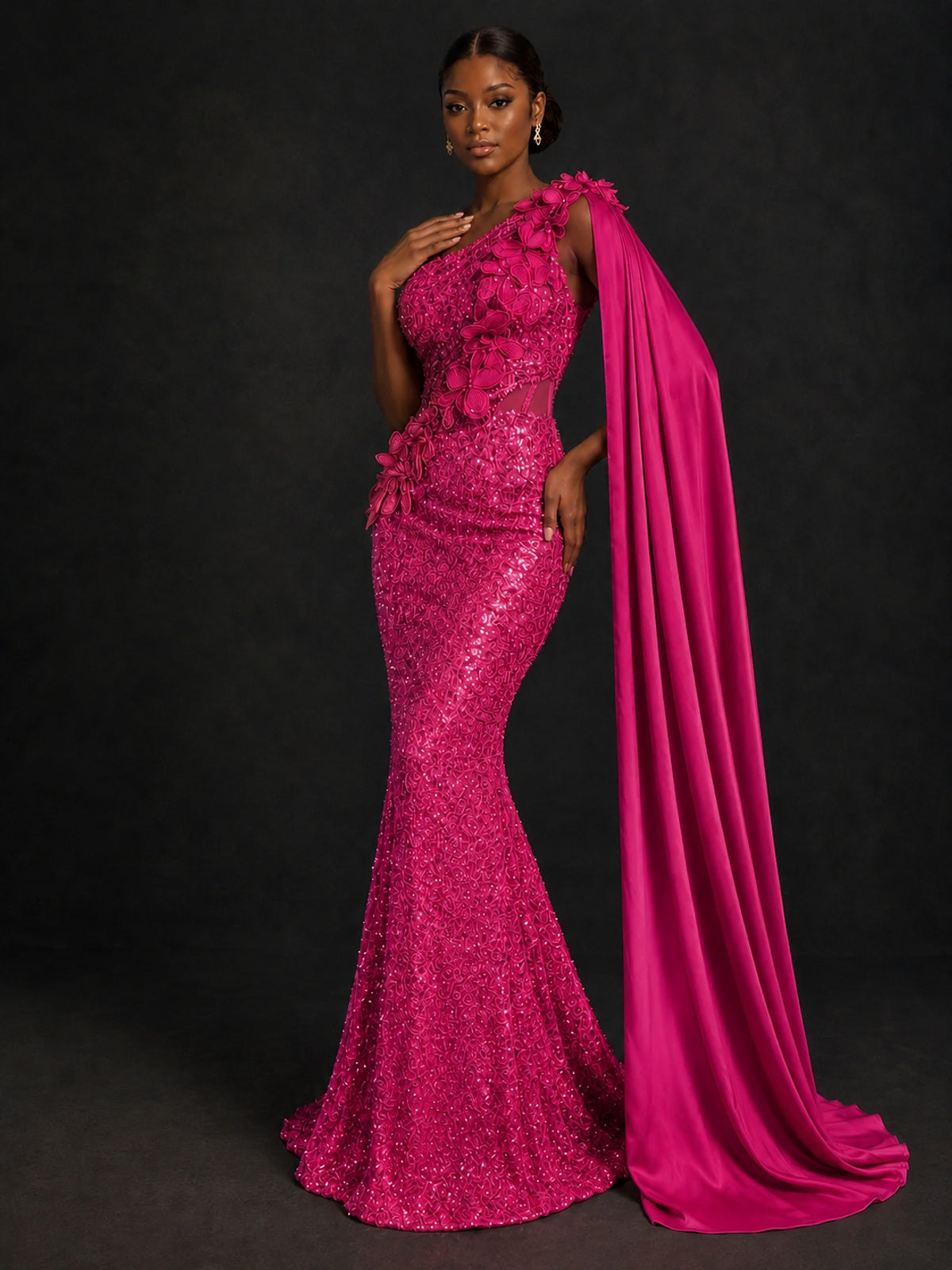 Gold Sequin One Shoulder Mermaid Prom Dress with Cape