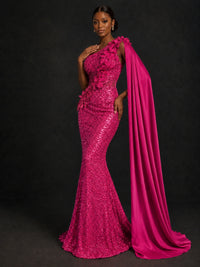 Gold Sequin One Shoulder Mermaid Prom Dress with Cape