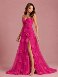 3D Floral Applique Strapless Tulle Prom Dress with High Slit