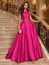 Satin A-Line Prom Dress Sleeveless Beaded Waist Formal Gown with Pockets
