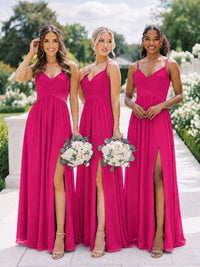 V-Neck Pleated Chiffon Long Bridesmaid Dress with Slit