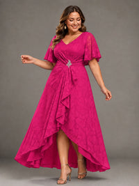 Jacquard Chiffon A-Line V-Neck High-Low Mother of the Bride Dress
