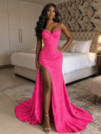 Beaded Sequin Prom Dress Strapless Formal Gowns with High Slit Train