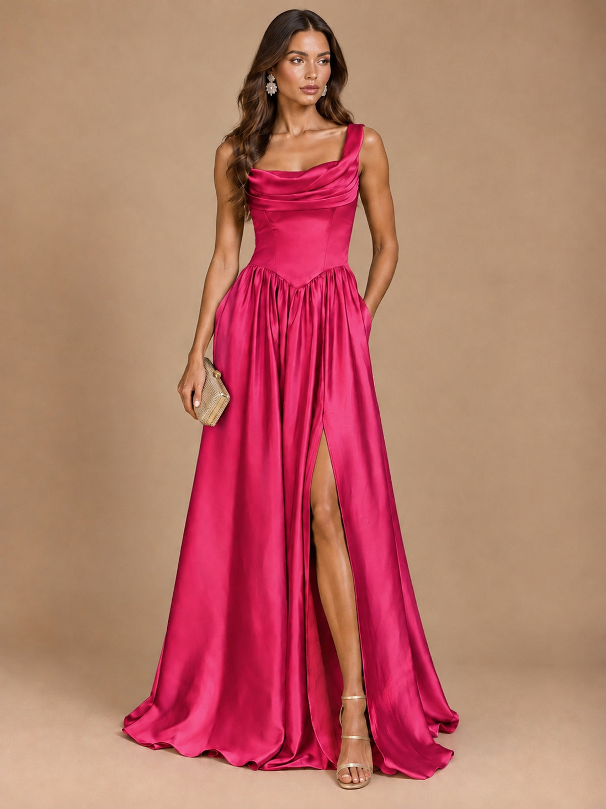 Cowl Neck Pleated Satin Prom Dress with Pockets & Slit Maxi Formal Gowns