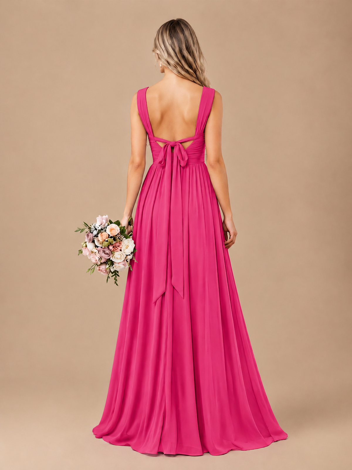 Pleated Chiffon V Neck Wedding Bridesmaid Dresses Floor Length with Slit