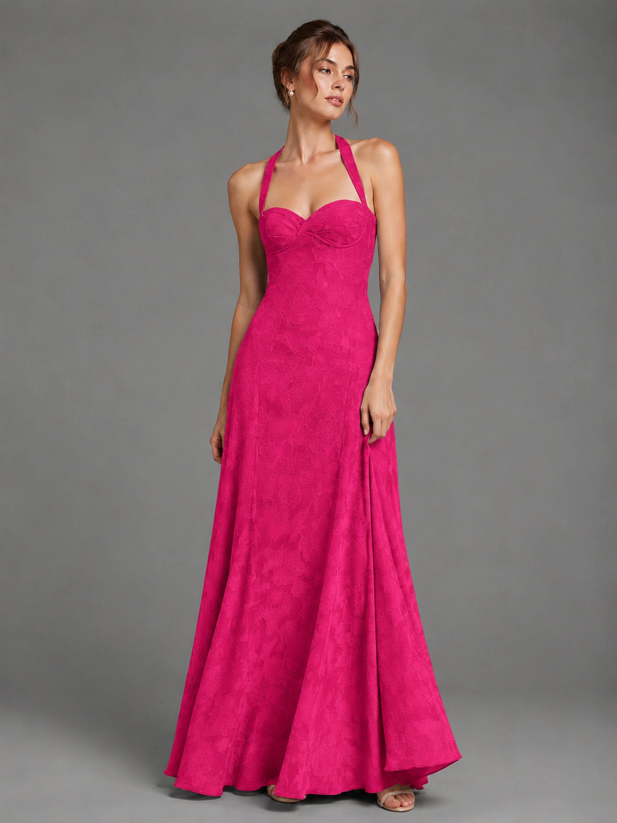 A-Line Halter Floral Chiffon Maxi Dress