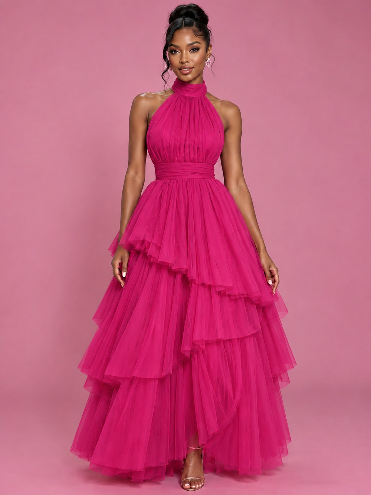 Hot Pink Tulle Halter Neck Tiered Ruffle Maxi Dress