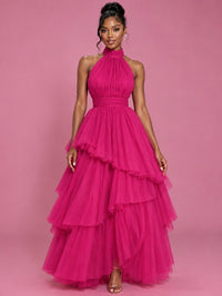Hot Pink Tulle Halter Neck Tiered Ruffle Maxi Dress