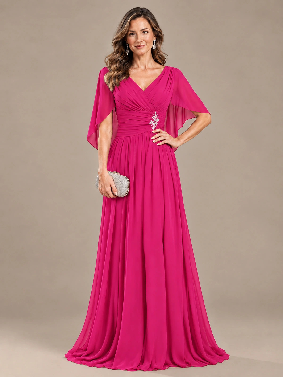 Ruched V Neck Mother of The Bride Dresses with Shawls Appliques and Cap Sleeves