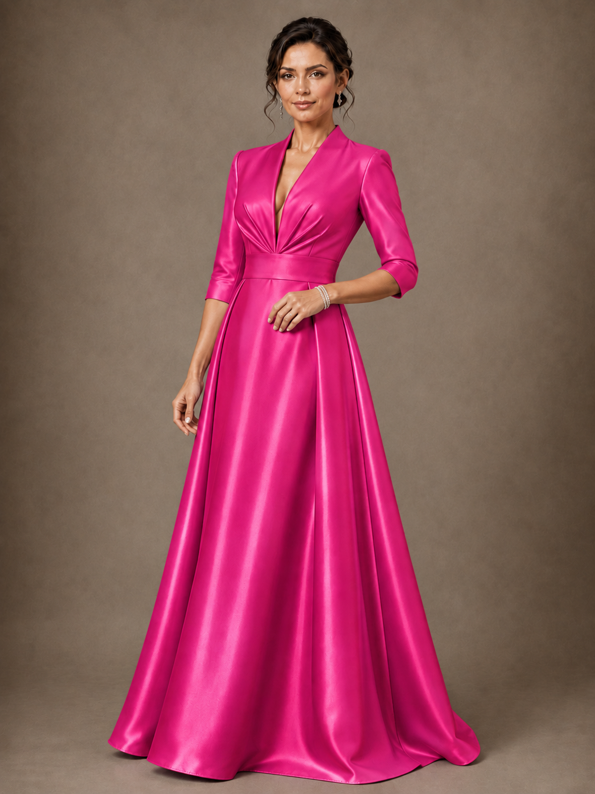 V-Neck Pleated Satin Mother of the Bride Gown with 3/4 Sleeves
