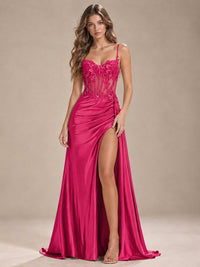 Mermaid Satin Prom Dress with Floral Appliqué Corset and High Slit