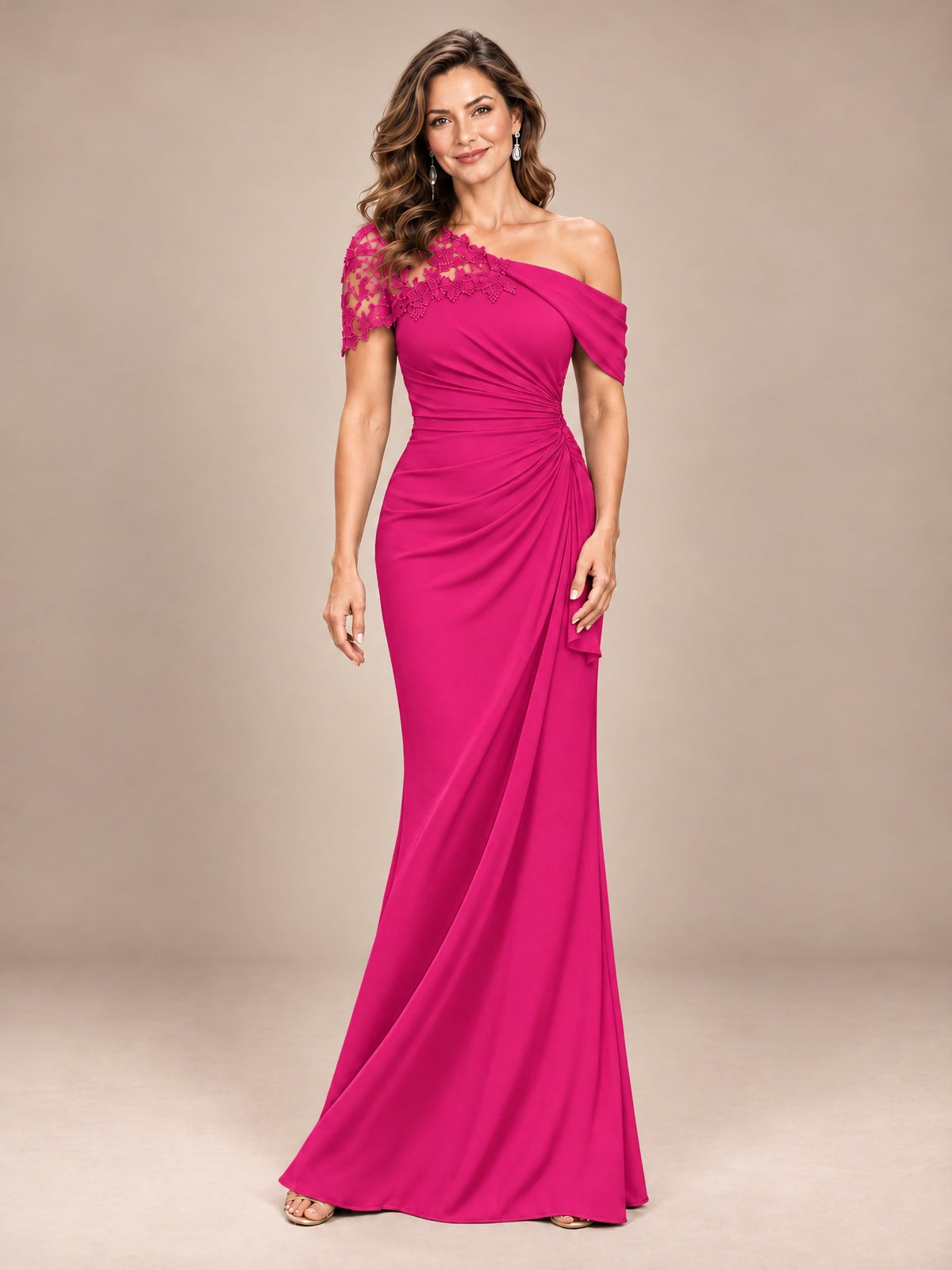 Hot Pink-Lace One Shoulder Chiffon Ruched Mother of The Bride Dresses