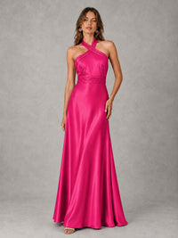 Sage Green Satin A-Line Bridesmaid Dress with Halter Neck