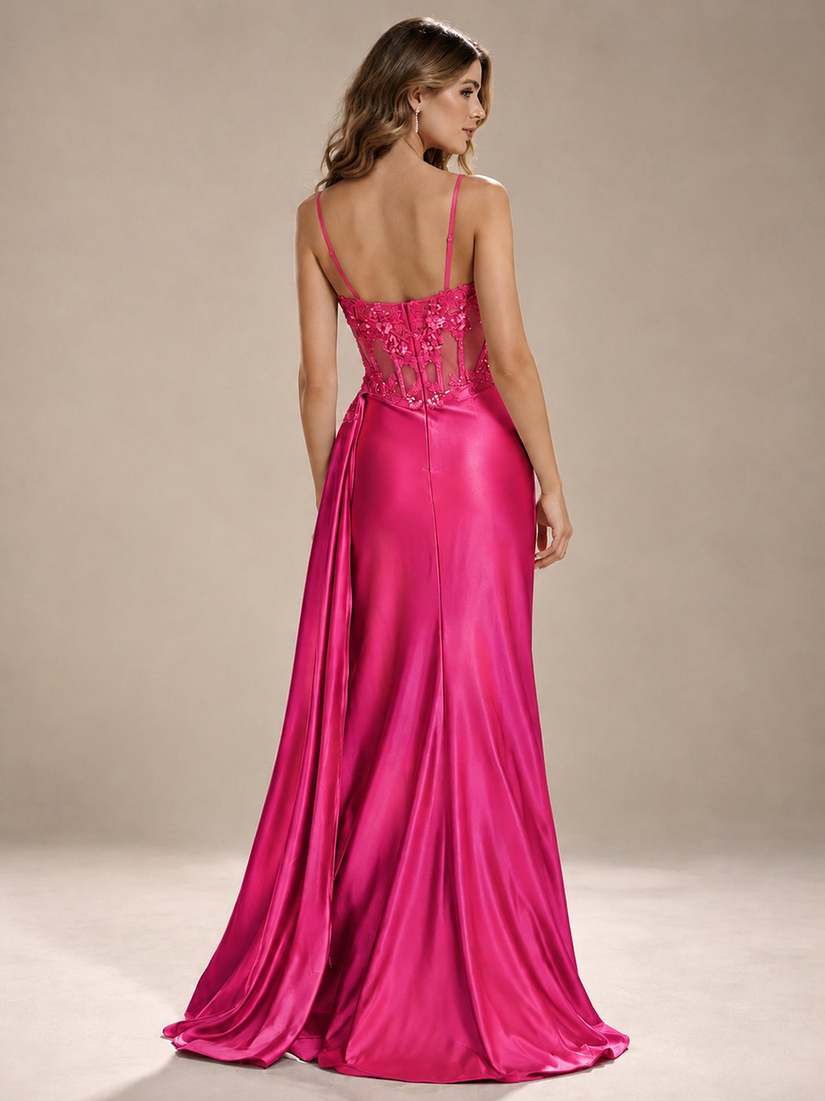 Mermaid Satin Prom Dress with Floral Appliqué Corset and High Slit