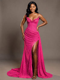 Hot Pink Strapless Sequin Corset Mermaid Prom Dress with High Slit & Train Sparkly Evening Formal Gown