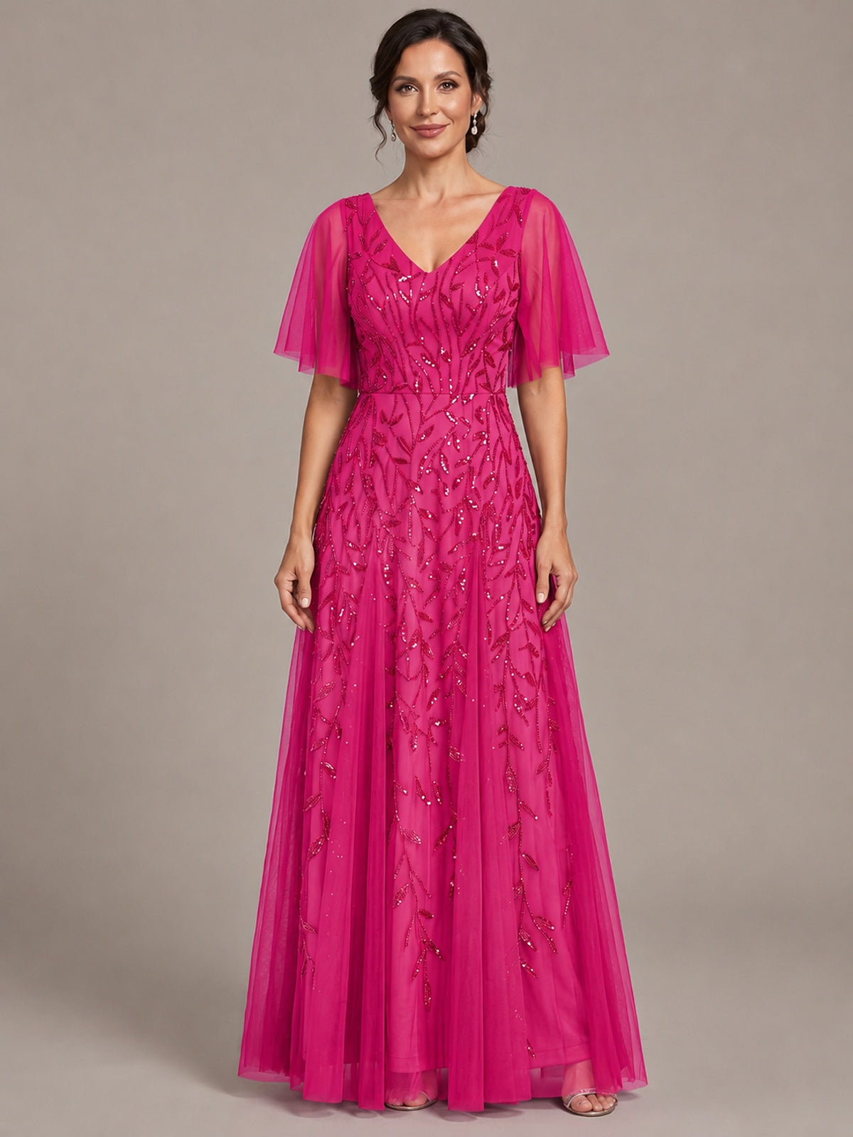 Hot Pink V-Neck Sequin Tulle Mother of the Bride Dress with Flutter Sleeve A-line Evening Formal Wedding Guest Dress