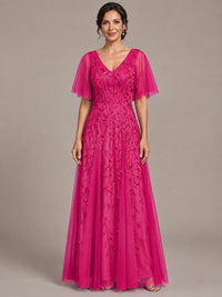 Hot Pink V-Neck Sequin Tulle Mother of the Bride Dress with Flutter Sleeve A-line Evening Formal Wedding Guest Dress