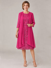 Hot Pink-2 Piece Lace Appliques Chiffon Mother of The Bride Dress with Sequin