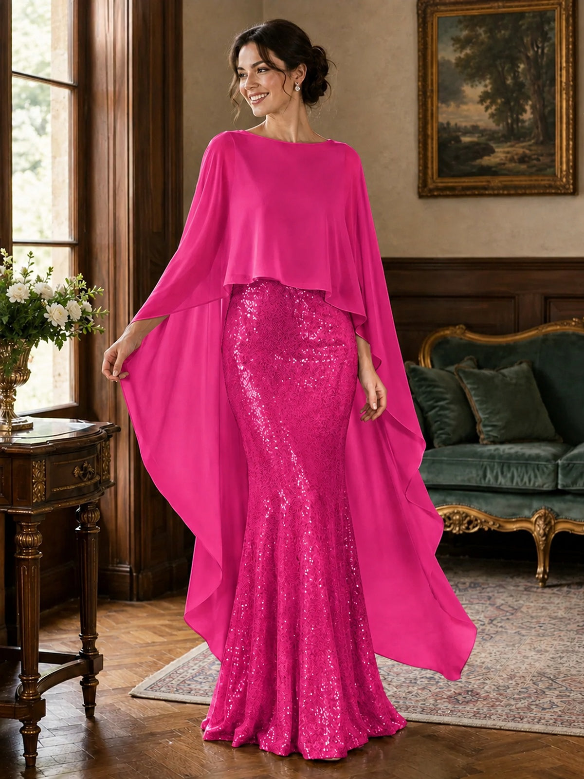 Sequin 2 Pieces Mother of the Bride Dress with Cap Sleeves Chiffon Formal Gowns