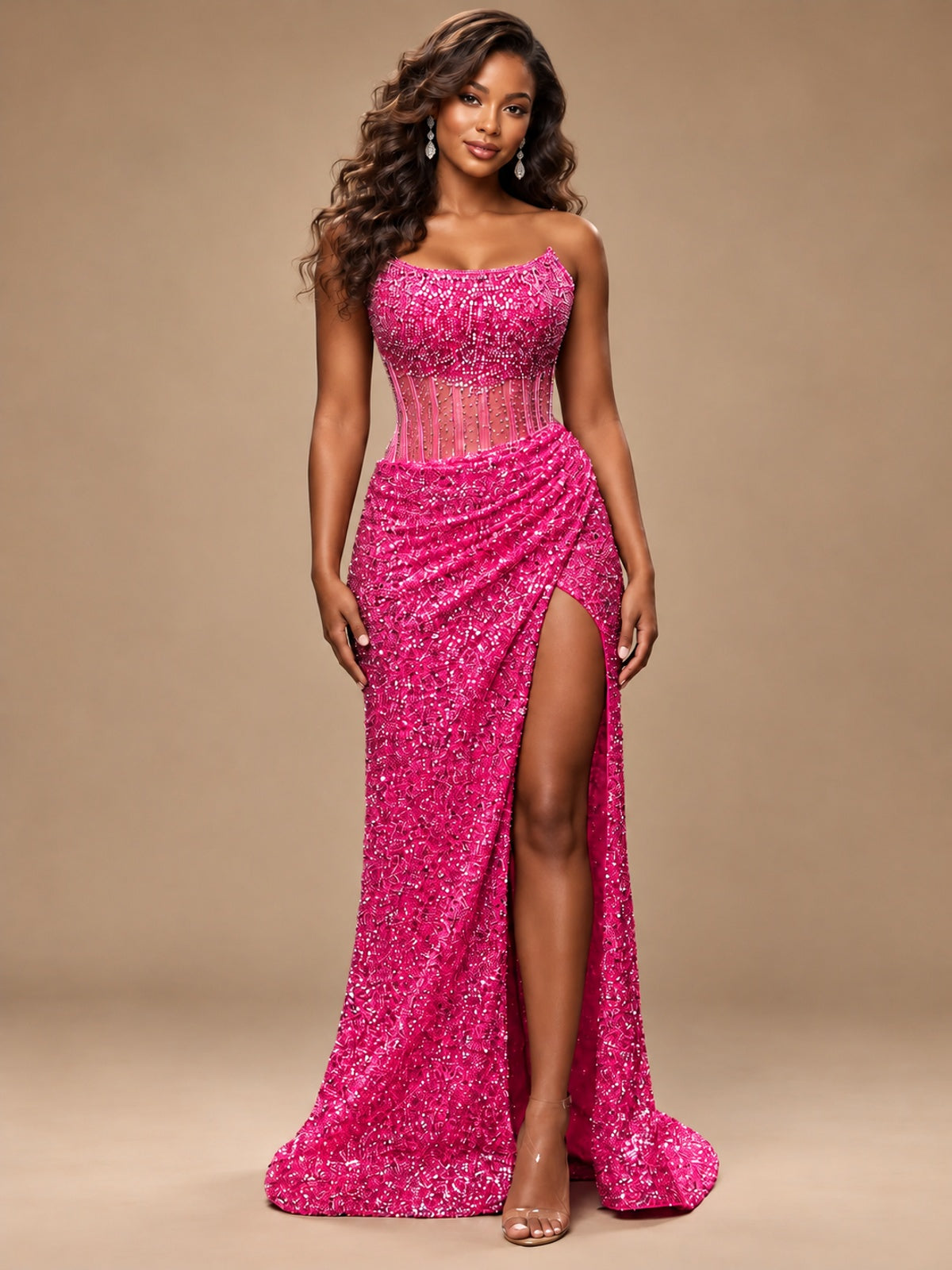 Gold Sequin Strapless Corset Prom Dress with High Slit